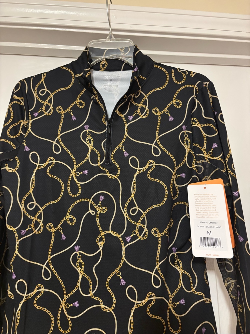 Women’s Gottex Black Long-Sleeve Zip Shirt with Gold Chain Print - Golf, Tennis